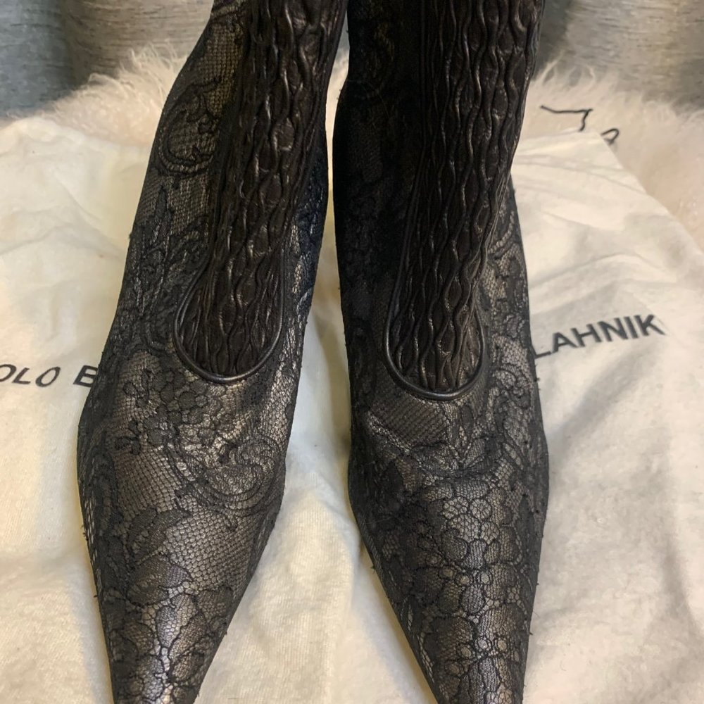 Manolo Blahnik lace/leather booties, size 38